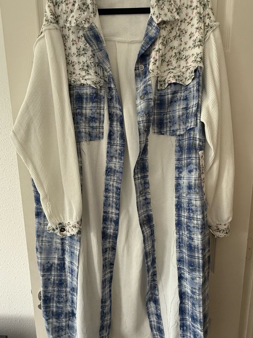 POL Mixed-Print Long Button Front Duster Cardigan - White, Blue, Floral
